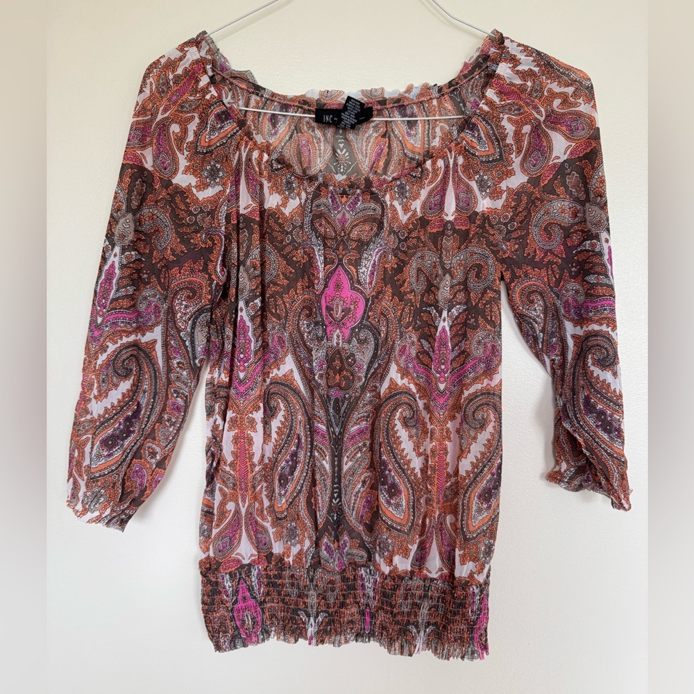 INC International Concepts Womens BOHO Peasant Blouse Top Size M Orange Paisley